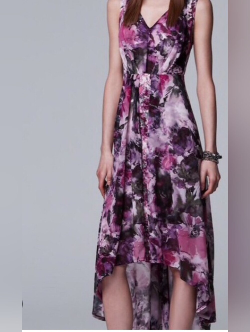 Watercolor Floral High-Low Dress in Purple Romantic Feminine Date Night